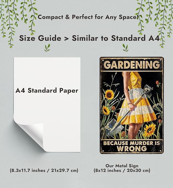 Funny "Gardening Because Murder Is Wrong" Metal Yard Sign: Vintage Garden Decor for Outside Patio, Porch, and Backyard, Women's Gifts for Plant Lovers, Outdoor Greenhouse Accessories