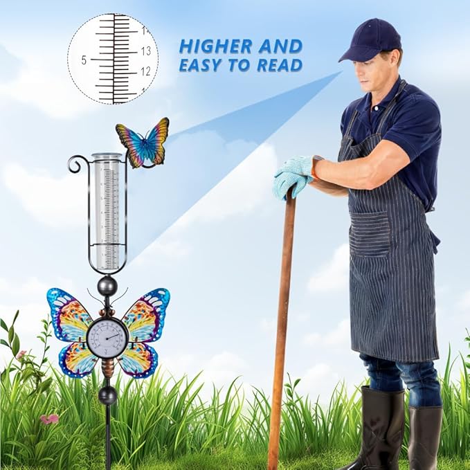 Rain Gauge Outdoor with 7 Inch Tube, Rain Gauges with Thermometer Waterproof Measure Gauge Decor for Yard, Garden, Lawn(Butterfly)