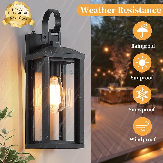 17" Dusk to Dawn Large Outdoor Wall Lights 2-Pack, Anti-Rust Modern Framhouse Porch Lights with Tempered Glass, Black Exterior Lighting Fixtures Outdoor Lights for Garage House