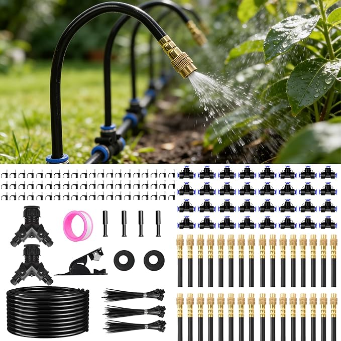 200FT Drip Irrigation System, 2026 Upgrade Garden Watering Kit with 32pcs 360° Adjustable Copper Nozzles, High-Flow DIY Sprinkler System for Large Gardens, Farms, Greenhouses, Lawns (200 ft)
