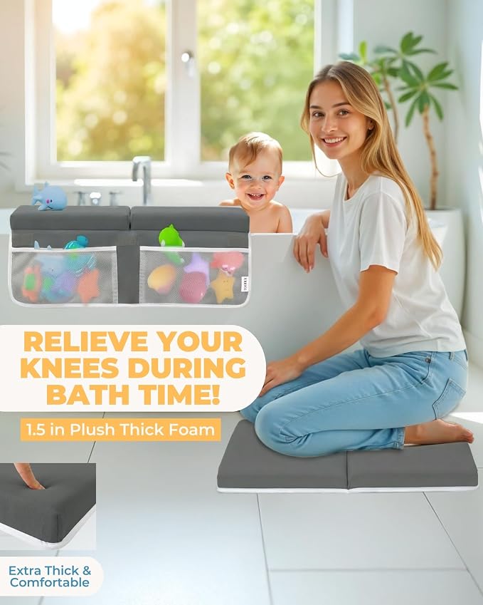 Comfortable Baby Bath Kneeler and Elbow Rest Pad Set – Thick Memory Foam Bath Kneeling Pad with Elbow Support – Baby Bathtub Cushion with Toy Organizer for Bathing Infant or Toddler - Dark Grey