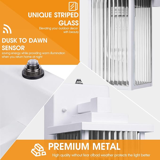 13-Inch White Outdoor Wall Light, Dusk to Dawn Exterior Light Fixture, IP65 Waterproof Rust-Resistant Durable Metal & Textured Glass Sconce for Porch Garage Entryway