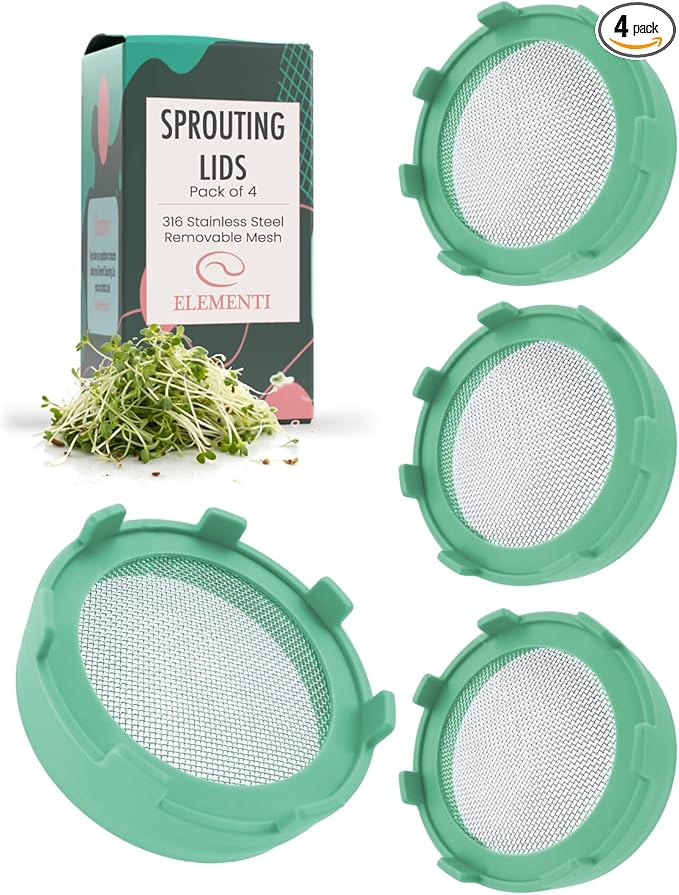 Elementi Sprouting Lids for Wide Mouth Mason Jars (Set of 4), Sprouting Jar Kit for Organic Sprouts, Alfalfa & Mung Bean Sprouts Grow Kit, 316 Stainless Steel Mesh Screen Strainer Lid (Mint Green)