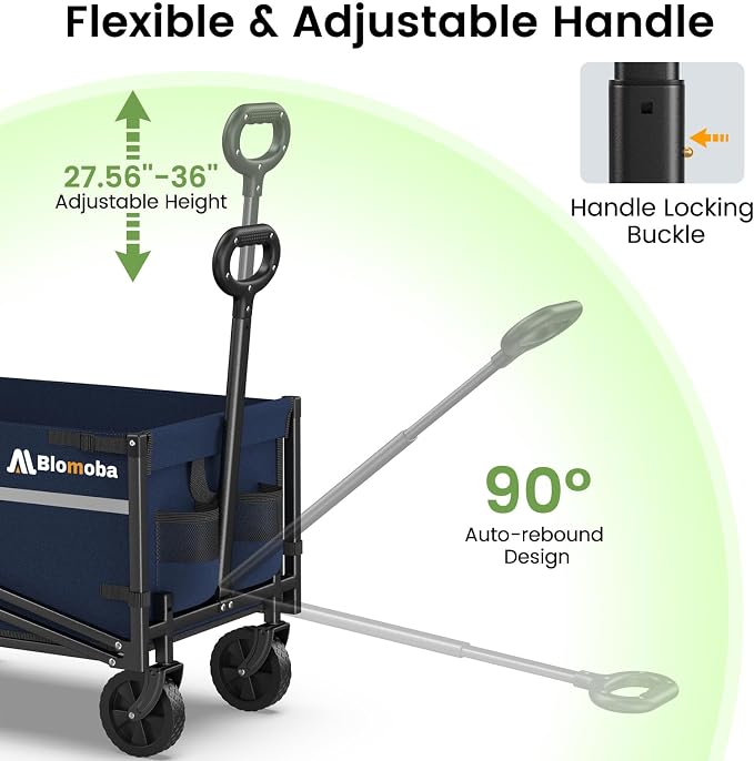Blomoba Collapsible Wagon Cart, 220LBS Heavy Duty Collapsible Wagon with All-Terrain Wheels 360° Rotation, Flexible Handle, Portable Utility Cart for Grocery Sports Garden Shopping Camping Beach, Blue