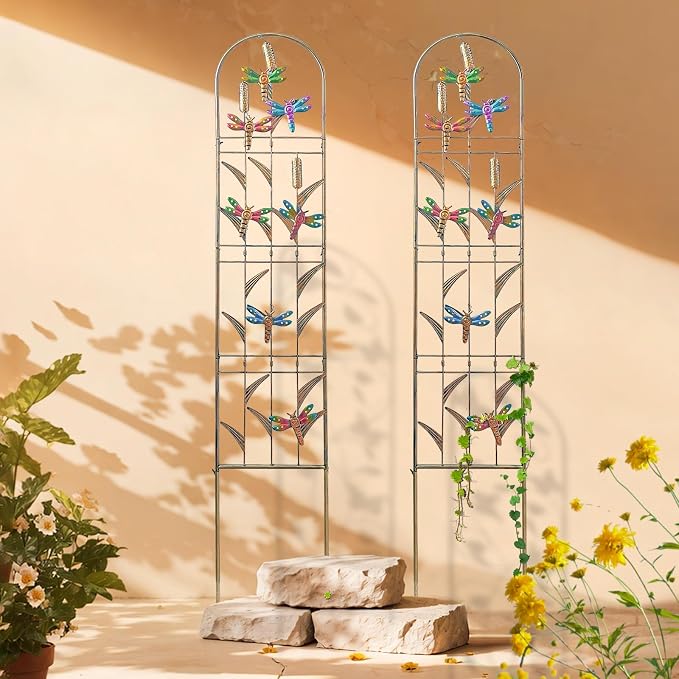 aboxoo Set of 2 Packs Dragonfly Metal Garden Trellis for Climbing Plants,Outdoor Decorative Flowers Arch Fence Trellis for Outdoor Patio,Garden,Lawn,Yard,Backyard,Wall Brackets,60'' H x 11'' W