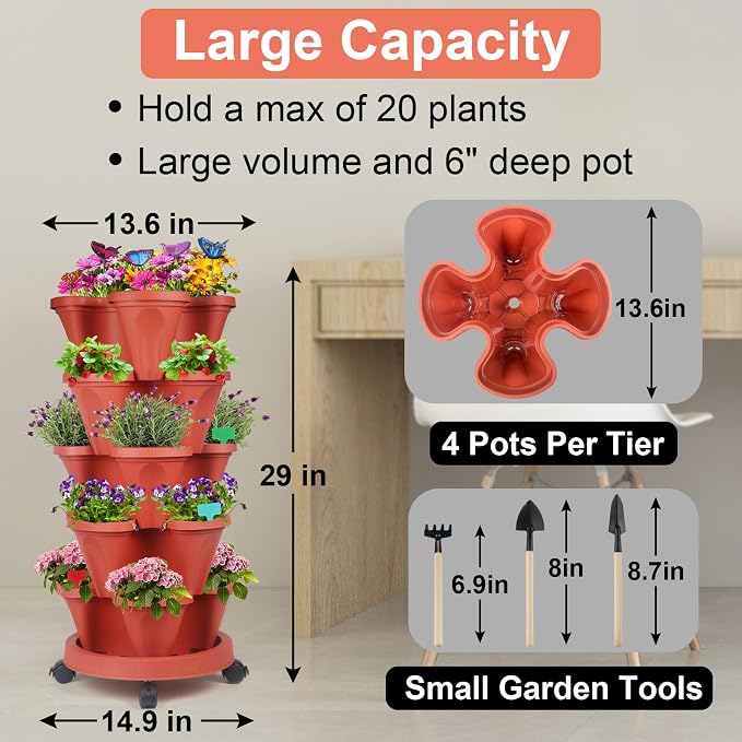 DUNCHATY Stackable Planters 6 Tier Vertical Garden Planting Tower Planters Strawberry, Herb, Flower, and Vegetable Planter Indoor Outdoor Gardening Pots with Removable Wheels and Tools