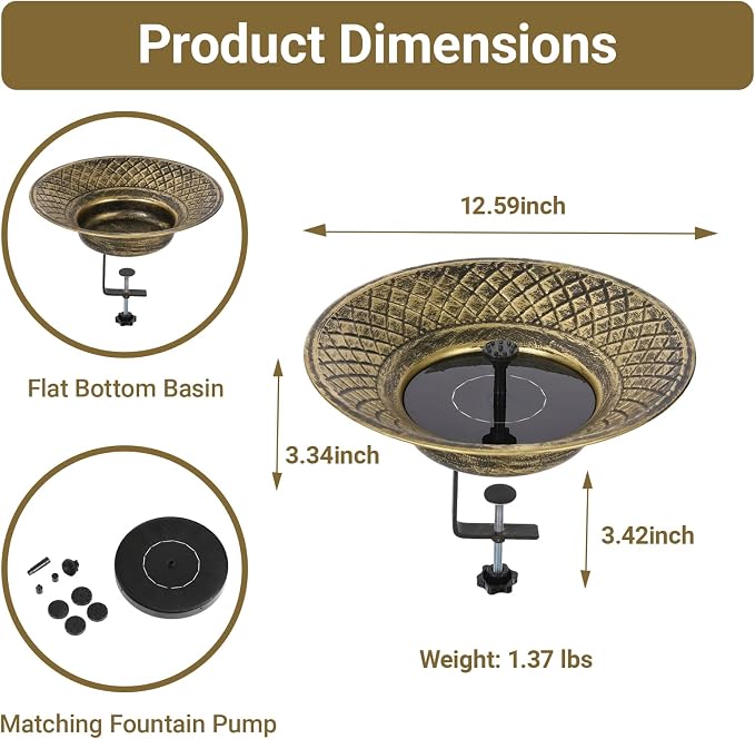 Solar Bird Bath for Deck Railing, 12.6“ Metal Solar Powered Bird Bath Fountain with Bubbler, 3.5” Adjustable Clamp for Balcony & Patio, 2-in-1 Deck Bird Feeder for Garden Yard Decor, Gold