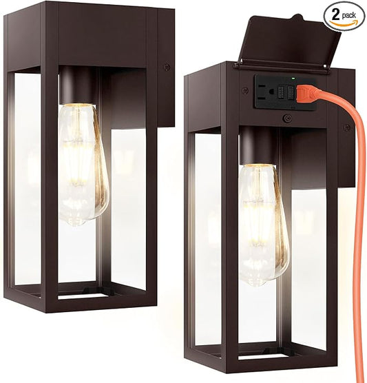 2 Pack Porch Lights Outdoor Wall Sconce, Outdoor Light with GFCI Outlet, Waterproof Exterior Wall Lantern Light Fixtures, Anti-Rust Wall Lamp for Patio Doorway Garage- Oil Rubbed Bronze