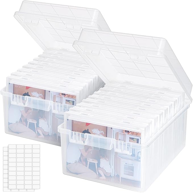 Lifewit 2 Pcs Photo Storage Set with 9 pcs 5"x7" Inner Photo Box& 28 x 22 cm/11x8.5" Transport Case, Craft Organizer for Seed Cards Pictures Office Supplies with 1 Sheet Label Sticker, Clear