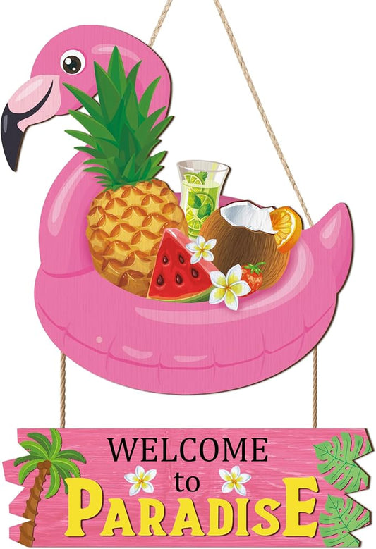 HOURIA Welcome to Paradise Door Sign(16”*11.4”), Pink Flamingo Hawaiian Summer Beach Wall Hanging Sign, Summer Coastal Tropical Fruit Coconut Tree Door Decor for Front Door Porch Pool Yard Beach Bar
