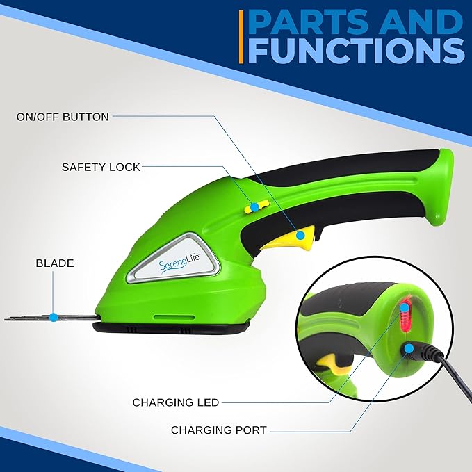 Pyle Cordless Handheld Grass Trimmers - Portable Lightweight Electric Hedge Shrub Cutter Shears, Hand Held Garden Clippers, 3.6V Rechargeable Battery, Quick-Change Blades, Ergonomic Design