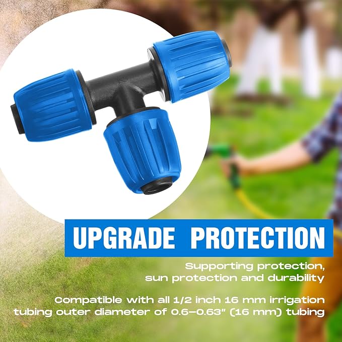 Pushglossy 32 Pcs 1/2" Tubing Irrigation Fittings Kit 1/2" ID x 0.6-0.63" OD 16 mm Drip Irrigation Barbed Connectors 4 Switch Valves, 8 Tees, 8 Couplings, 4 Elbows, 4 Ends, 4 Adapters (Blue)
