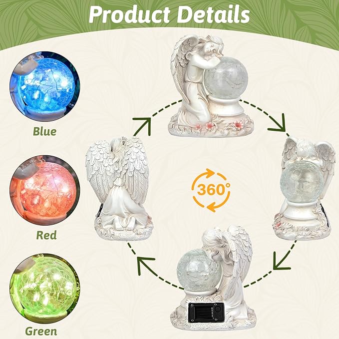 Solar Angel Garden Statue Outdoor, Memorial Angel Figurine with Crackle Glass Ball Resin Garden Decor for Patio Lawn Yard Porch, Gifts for Mom Grandma Women