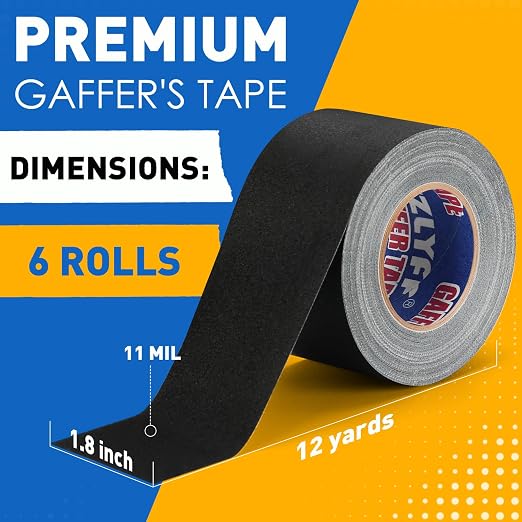6 Pack Black Gaffers Tape 1.8"x12 Yards(Total 72 Yards), 11 Mil Industrial Grade Black Gaff Tape, No Residue, Non-Reflective, Easy Tear, Gaffer's Tapes for Securing Cables, Photography, Studio