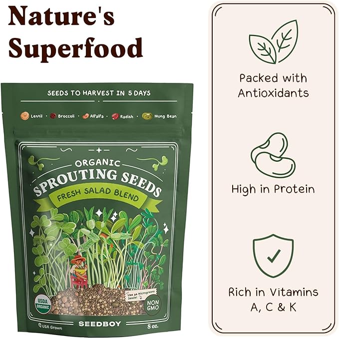 Seedboy Organic Non-GMO Sprouting Seeds, Fresh Salad Blend - USA Grown Microgreens Mix with Alfalfa, Broccoli, Radish, Mung Bean & Lentil - 8 oz Bag Makes 8 Quarts / 32 Servings (Salad Blend)