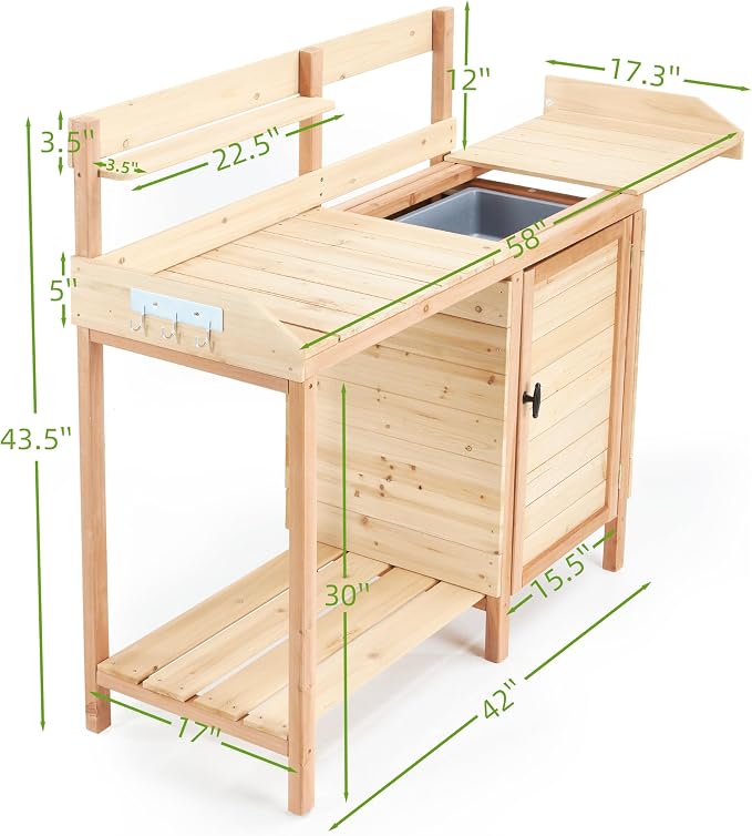 42" Outdoor Potting Bench with Sink, Wooden Potting Table with Sliding Tabletop, Storage Cabinet & Bottom Shelf, Garden Work Bench for Patio Backyard Porch, Natural