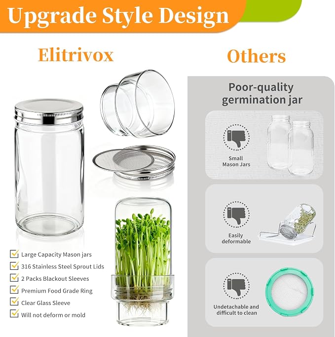 Sprouting Jar Kit, 2 Pack Wide Mouth Mason Jar Sprouting Kit with Sprout Lids, Blackout Sleeves, Drain Cover, Perfect for Home Gardeners, Health Enthusiasts & Vegan Diets