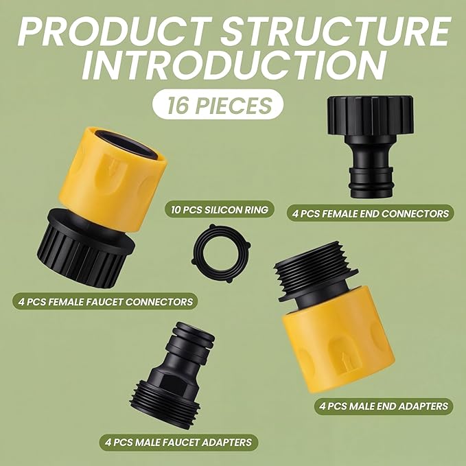 Hotop 16 Pieces Garden Hose Quick Connector 3/4 Inch Plastic Water Hose Fittings Male and Female Connectors End Adapters with 10 Pieces Rubber Gaskets(Yellow)