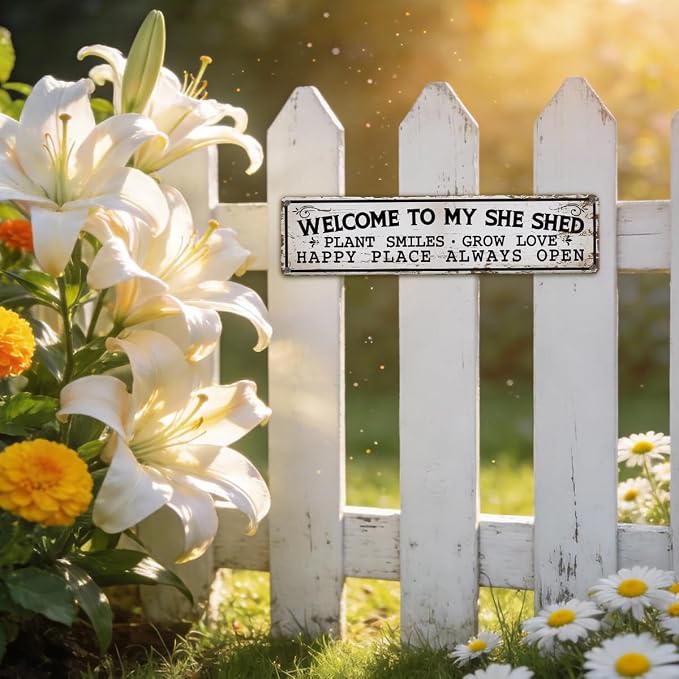Garden Metal Tin Sign, Welcome to My She Shed Sign, Vintage Farmhouse Outdoor Wall Decor, for Garden Shed Porch Fence Door Yard, Gift for Gardening Lover, 15.7 x 3.9 Inches