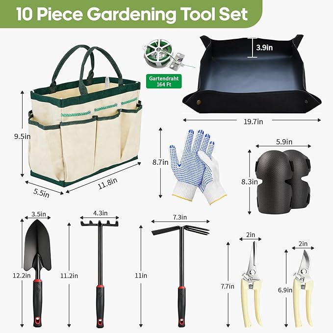 Gardening Tools, Garden Hand Tools for Gardening, with Non-Slip Rubber Grip, Gloves & Storage Tote Bag, 10Pcs Gardening Accessories Set Kit Gifts for Men Women
