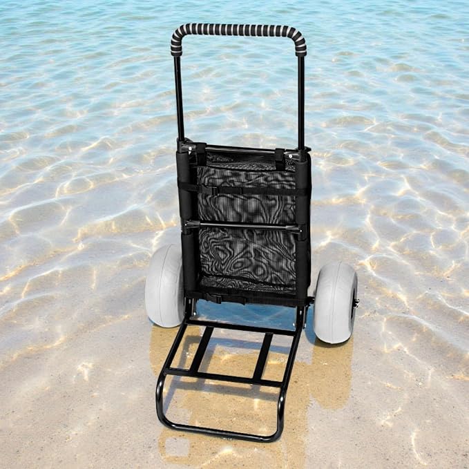 VEVOR Beach Dolly with Big Wheels for Sand, 20.1" x 14.6" Cargo Deck, w/ 9" Balloon Wheels, 165LBS Loading Capacity Folding Sand Cart & 27.2" to 44.9" Adjustable Height, Heavy Duty Cart for Beach