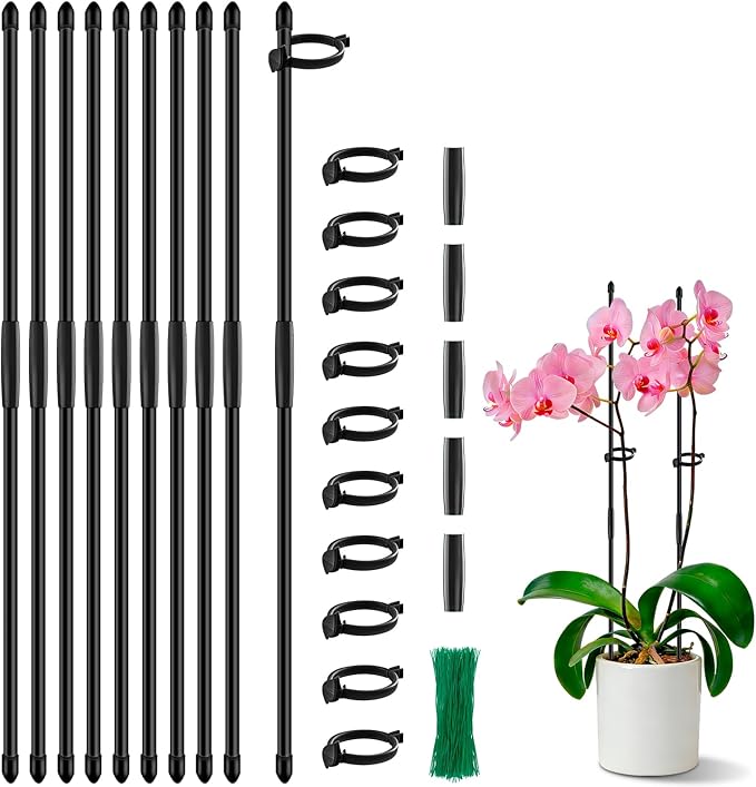 Plant Stakes 17 inch SupKing Support Stick Orchid Stakes with Clips 10Pcs Garden Plant Poles Extended to 3/4/5ft for Indoor Outdoor Potted Tomato Rose Amaryllis Vegetables Monstera -Black