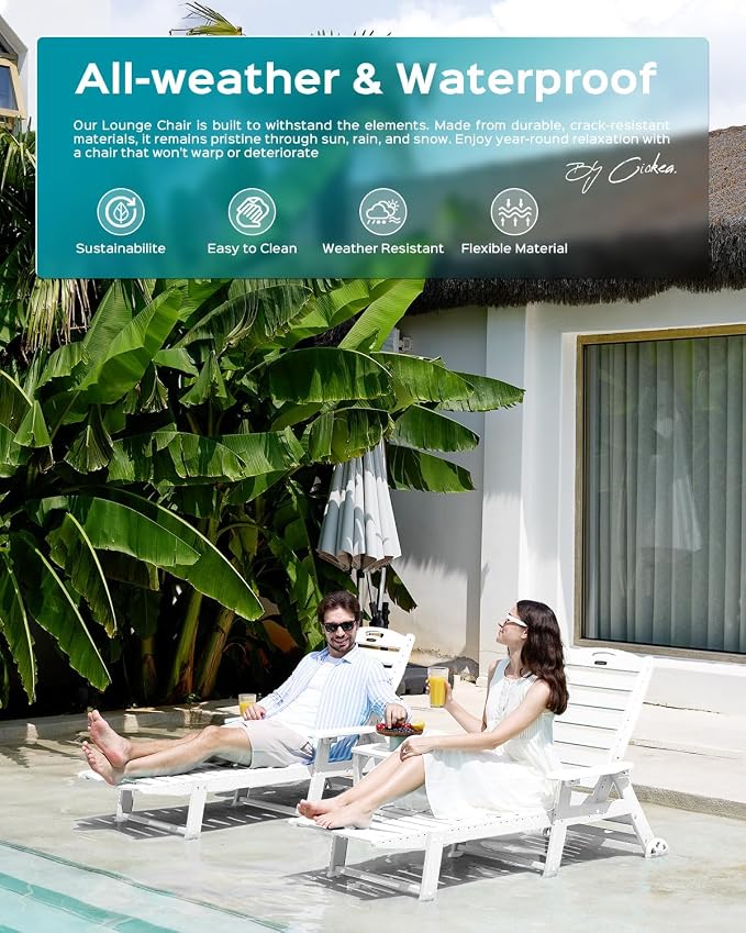 Ciokea Outdoor Chaise Lounge Chair Set of 2, Patio Lounge Chairs for Outside, HDPE Lounge Chairs with Wheels & Cup Holder, Poly Lounge Chair with 5 Position for Poolside, Deck, White