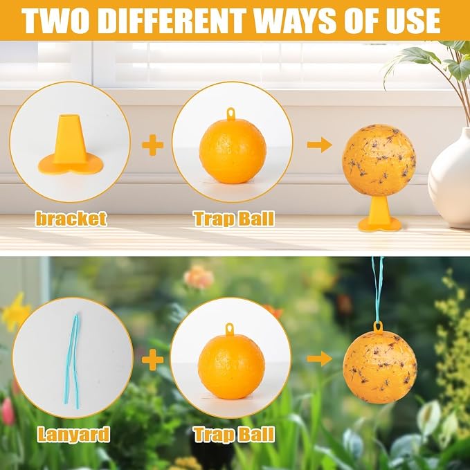 Upgraded Sticky Hanging Ball with Base 6 Pack, Osseph Fruit Adhesive Balls Sticky Balls for Indoor Outdoor Garden Use (Yellow)