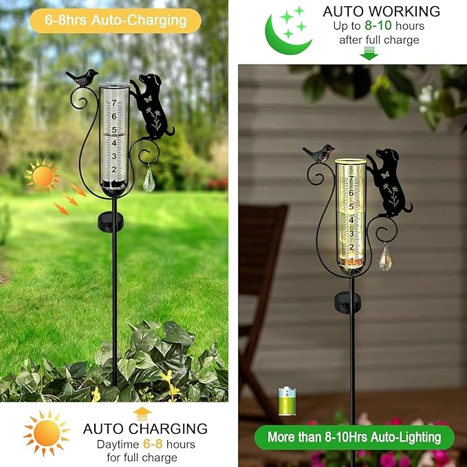 Rain Gauge Outdoor, Solar Powered Decorative Dog and Bird Garden Stake for Outside,Yard, Lawn, Pathway