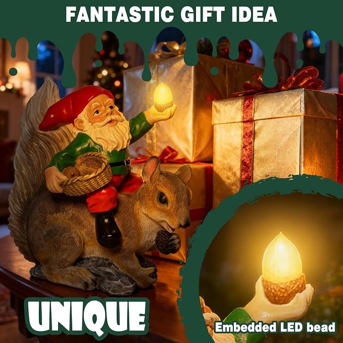 Funny Garden Gnomes Decorations for Yard Statue with Solar Lights Outdoor Squirrel Sculpture Decor