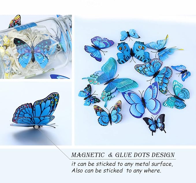 OPSEAM Butterfly Wall Decor 24/48 PCS, 3D Butterflies Stickers for Party Decorations with Magnets(Blue, 48)