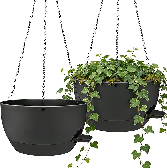 2 Pack 12" Self Watering Hanging Planters, Black with Chains | Plastic hanging baskets with 43 Oz removable reservoir, for indoor outdoor plants, patio porch garden balcony decor