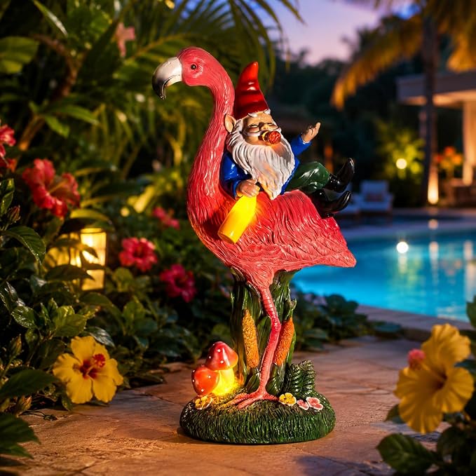 Candieslife Middle Finger Gnome Riding Flamingo 13in, Funny Garden Statue Solar Powered Outdoor Yard Decor with LED Beer Bottle & Mushrooms, Waterproof Naughty Lawn Ornament Gag Gift for Patio, Porch