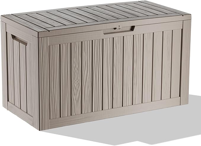 85 Gallon Outdoor Storage Box Waterproof, Resin Deck Box with Lockable Lid, Weatherproof Container for Patio Furniture Cushions, Garden Tools, Pool Accessories (Grey, 85 Gallon)