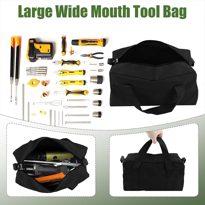 Small Tool Bag,Close Top Wide Mouth Tool Organizer Bag,Large Capacity Tool Bags for Men,Canvas Tool Storage Bag for Storage Handbag for Screwdrivers,Wrench (Shoulder strap+Black, 16 Inch)