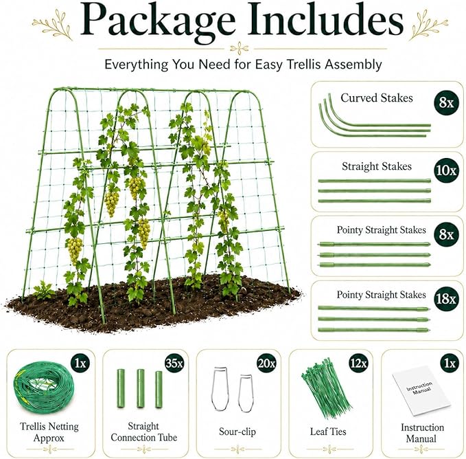 Outdoor Metal Arch Trellis, U Shape Garden Trellis for Climbing Plants, Pea, Vegetable and Grape Vine Support Frame for Raised Beds, Planter Pots, Patio and Yard, Adjustable Width, Green