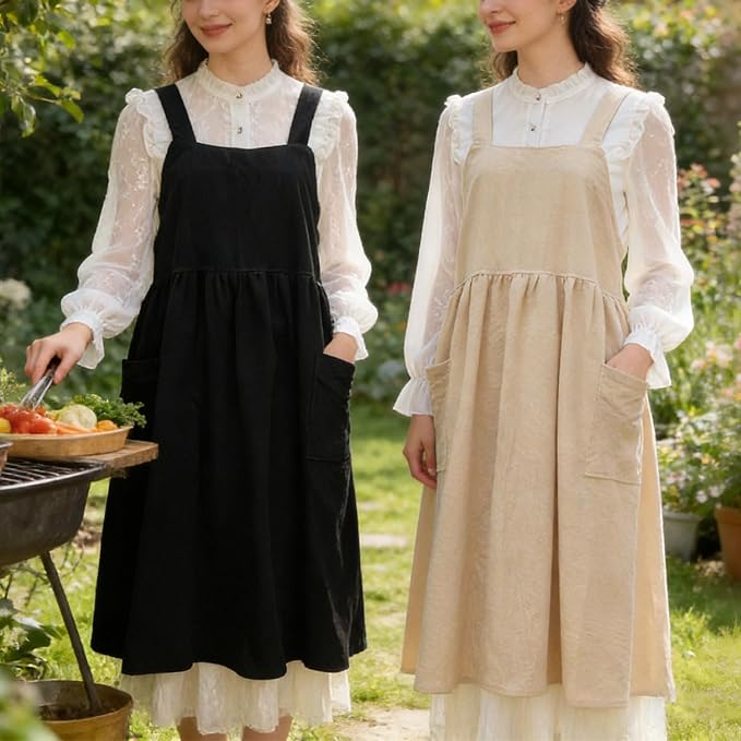 Uaussi Cotton Linen Apron Cross Back Work Apron for Women with Pockets Pinafore Dress X Cross Halter Apron for Chef Gardening
