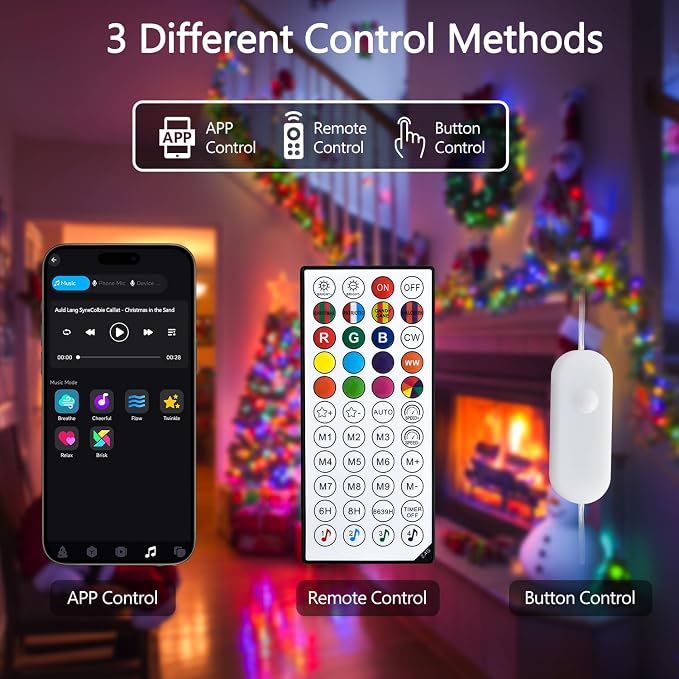 JMEXSUSS 100 LED Color Changing String Lights, 33ft Red White and Blue Lights with Remote & APP, Clear Wire Smart Twinkle Christmas Light Plug in for Daily Easter Independence Day Halloween Xmas