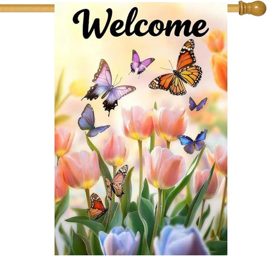 House Flags for Outside 28 x 40 Double Sided, Large Garden Flag Spring Summer Tulip Welcome Outdoor Flags Seasonal Farmhouse Outdoor Yard Décor