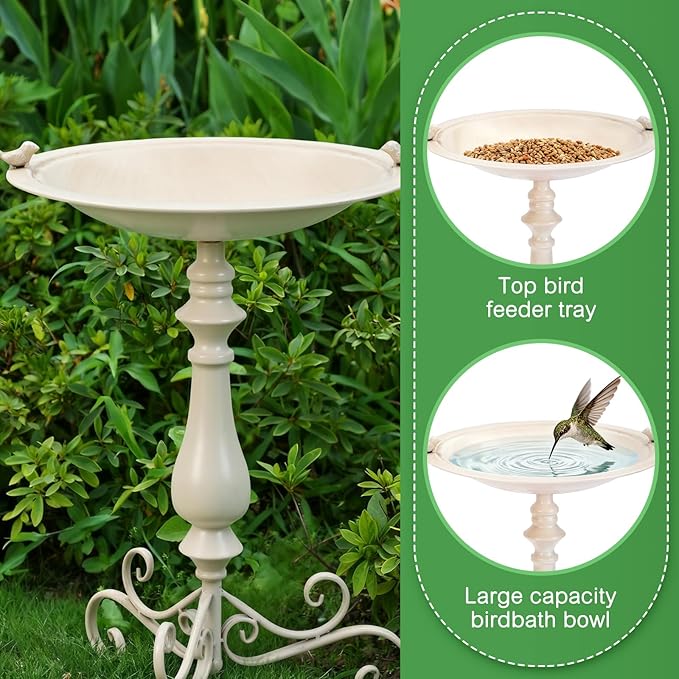 Newtay 27.25" Ornate Metal Pedestal Style Birdbath with Cast Iron Vintage Birds Baths for Outdoors on Rim Full Base Standing Bird Bath Tray for Garden Yard Decoration Not Easy to Rust (Beige)