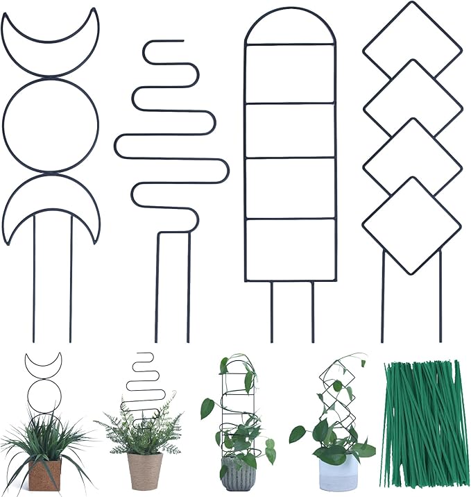 Wellsign Indoor Plant Trellis for Climbing Plants, 16inch Small Garden Metal Trellis for Potted Plants Outdoor with Different Patterns for Vine Ivy Flower Plant Support 4 Pack