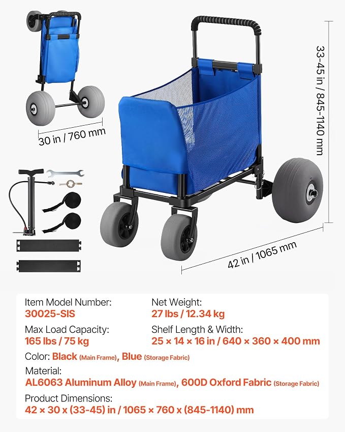 VEVOR Beach Cart, 165LBS Load Capacity, Portable Folding Beach Wagon Dolly with 12" Balloon Wheels for Sand, Storage Bag & 4-Level Adjustable Height for Outdoor Camping Fishing