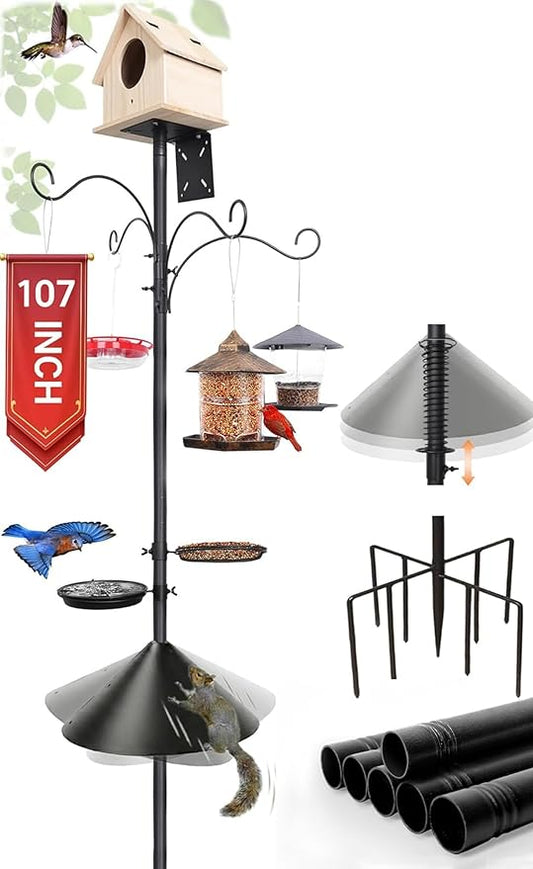 107" Squirrel Proof Bird Feeder Pole with 9 Prongs Base & Squirrel Baffle | 107 Inch, Squirrel Baffle, 9 Prongs Base, 1 Inch Dia, Adjustable, Bird Birdbath, Feeding Tray