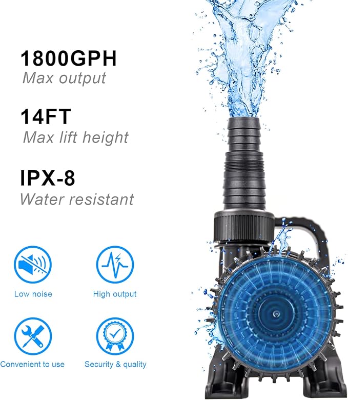 OYO WATER Outdoor 1800Gph-100W 32.8FT Small-Pond Water-fall & Kio Fish Fountain-s &Garden Pump Submersible IPX8: Long 32.8FT Cord Smart-er & Quieter Duck & Yard &Patio Ponds Pumps, 1 Barrier Pump Bag