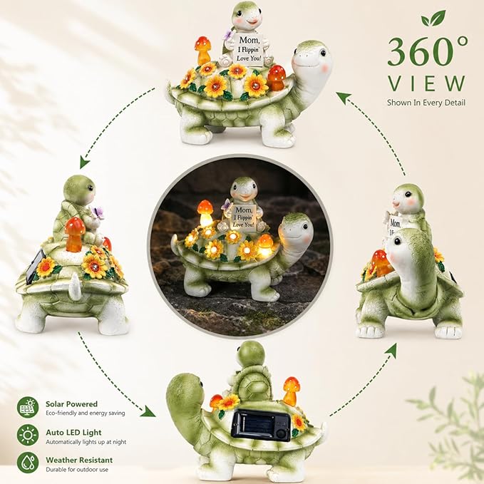 Solar Turtle Garden Statue 7.5 inches, I Flippin Love You Tortoise Figurine with 7 LED Lights, Outdoor Lawn Decor for Patio, Yard, Balcony, Birthday for Mom, Grandma, Women
