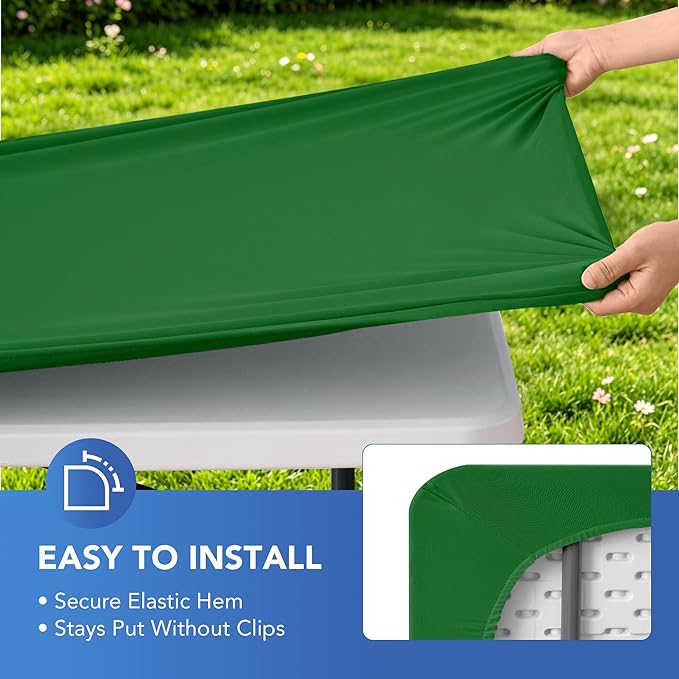 Fitted Tablecloth for 6 Foot Rectangle Tables-6 Pack Green Elastic Outdoor Picnic Table Cover-Spandex Stretch Christmas Table Cloths 6 ft for Camping Dining Room Patio Kitchen Banquet Party