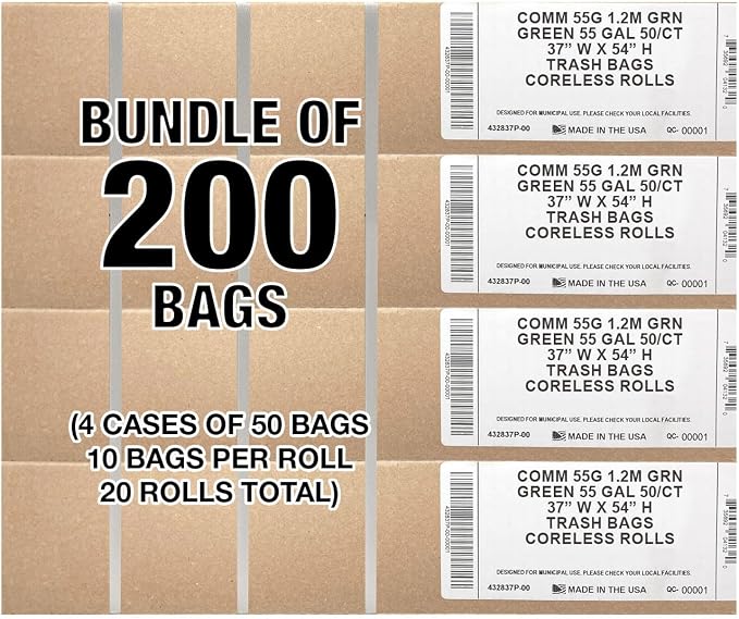 Ultrasac Heavy Duty 55 Gallon Green Trash Bags - (Value 200 Pack) - 1.5 MIL equivalent Industrial Strength Plastic 37" x 54" for 50-55 Gal Cans -Fits Toter, Rubbermaid Brute, Carlislie Bronco etc.