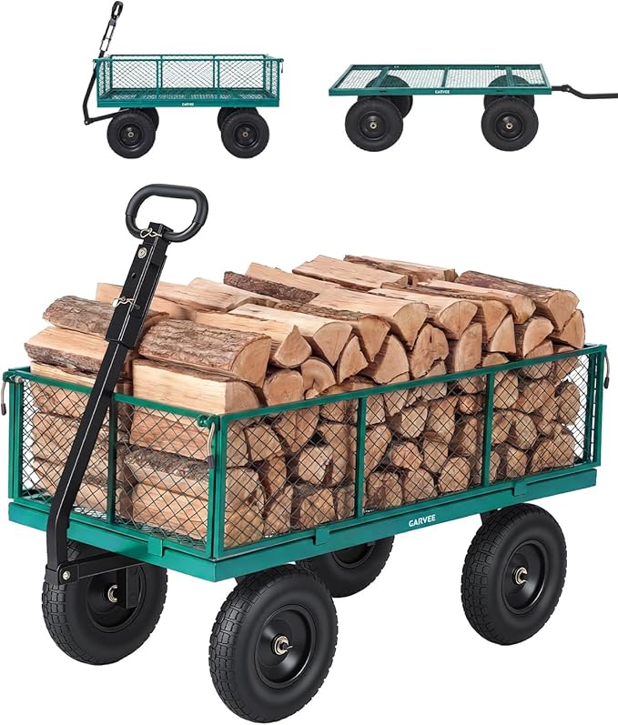 Garvee Versatile Outdoor Utility Cart-1000LBS Heavy-Duty, 13" All-Terrain Pneumatic Tires, Vehicle-Connectable, Easy Maneuverable Lawn Cart with Removable Mesh Panels for Gardening & Landscaping,Green
