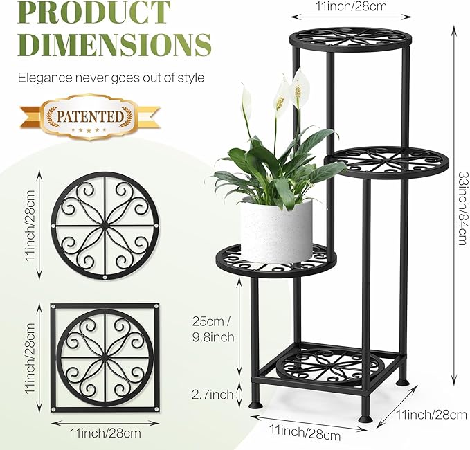 4 Tier Plant Stand Indoor Outdoor, Metal Flower Shelf Display Holder, Multiple Plants Corner Tall Flower Holders for Patio Balcony Porch Garden Living Room (Black)