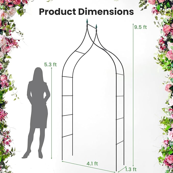 COSTWAY 9.5 FT Metal Garden Arbor for Climbing Plants, Gothic Style Decorative Garden Arch for Vine Rose, Outdoor Arbour Archway for Garden Lawn Backyard, Wedding Ceremony Party Decoration, Black (1)